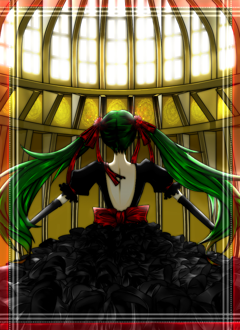 bad_id bare_back black_dress bow clerestory day dress elbow_gloves frilled_dress frills from_behind gloves gothic_architecture green_hair hatsune_miku large_bow long_hair ripunripun twintails very_long_hair vocaloid window