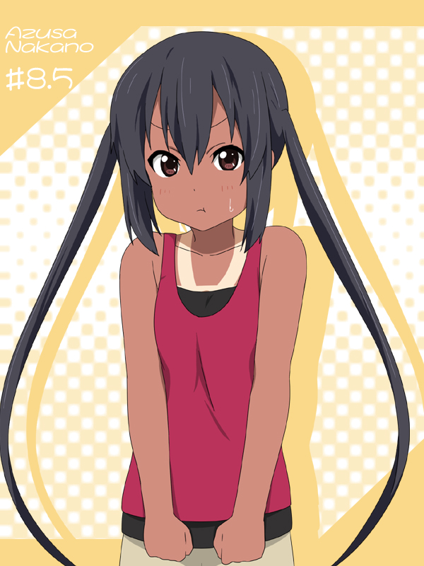 :t bare_shoulders black_hair brown_eyes casual clenched_hands fist ikari_manatsu k-on! long_hair nakano_azusa pout solo tan tank_top tanline twintails