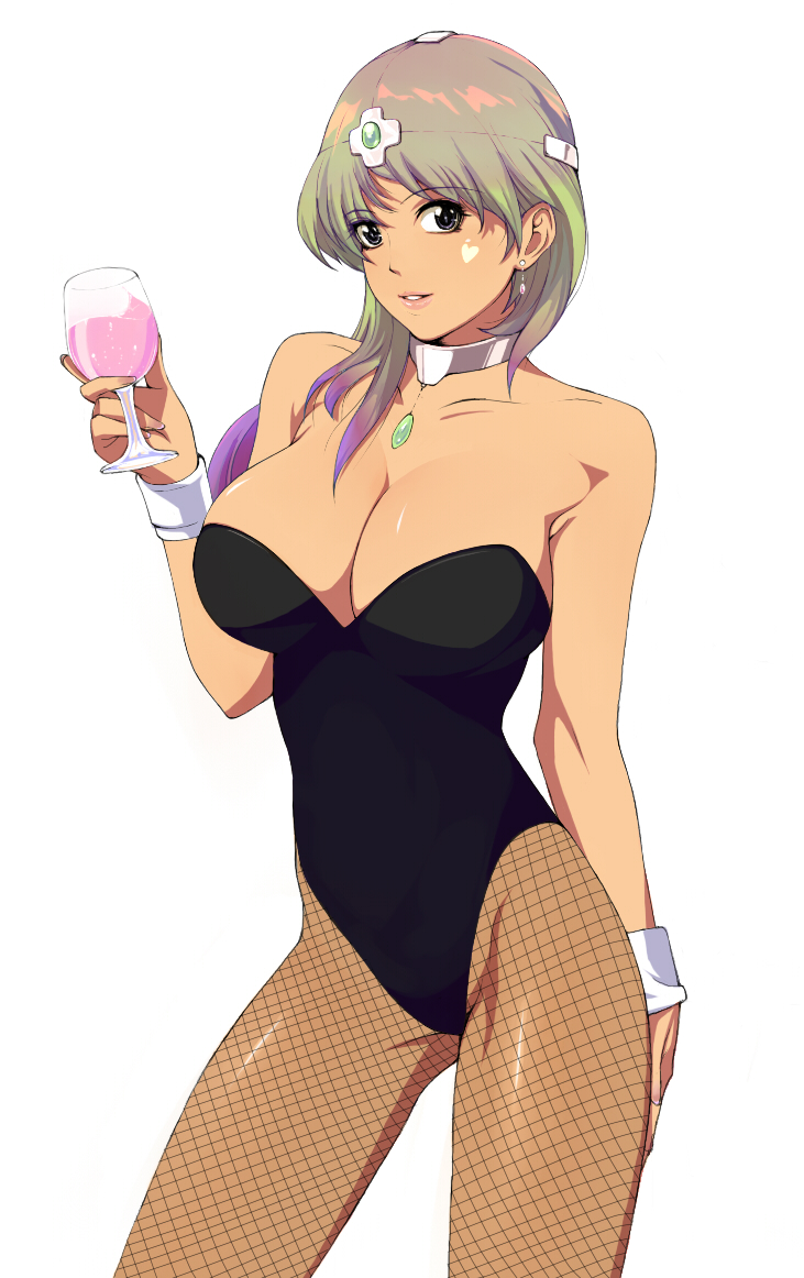 bare_shoulders black_eyes breasts bunny_suit bunnysuit choker circlet cleavage cup dragon_quest dragon_quest_iv earrings fishnet_pantyhose fishnets gradient_hair jewelry leotard manya multicolored_hair necklace pantyhose reiken simple_background strapless wine wine_glass wrist_cuffs