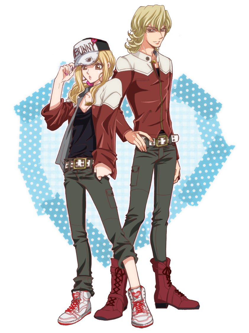 1girl barnaby_brooks_jr barnaby_brooks_jr_(cosplay) baseball_cap belt blonde_hair boots breasts brown_eyes cleavage cosplay glasses green_eyes hand_on_hat hand_on_hip hat hips id-aaa jacket jewelry karina_lyle necklace red_jacket shoes sneakers studded_belt tiger_&amp;_bunny