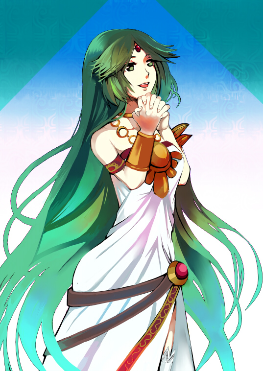 1girl cute goddess green_eyes green_hair haniwa haniwa_(hnw) kid_icarus long_hair nintendo palutena smile solo sora_(company) tagme very_long_hair