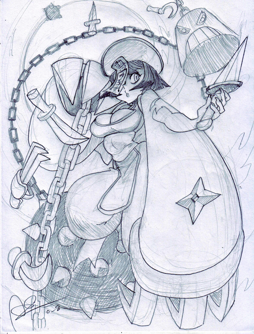 alex_ahad breasts capcom chinese_clothes claw_(weapon) claws cleavage cleavage_cutout darkstalkers hsien-ko jiangshi knife large_breasts lei_lei mace ofuda oh8 one_eye_covered scimitar short_hair signature sketch solo sword vampire_(game) weapon weights