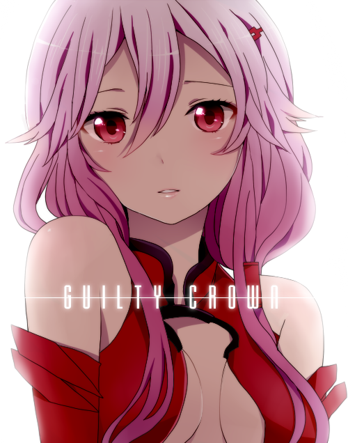 bad_id bare_shoulders breasts center_opening detached_sleeves guilty_crown hair_ornament hairclip komine lips long_hair pink_hair red_eyes solo twintails yuzuriha_inori