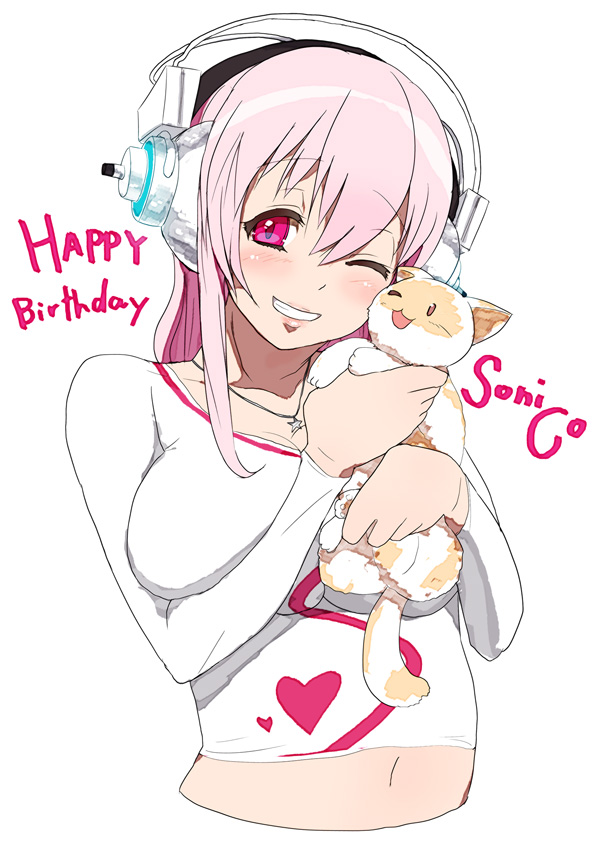 breasts cat happy_birthday headphones jewelry konoma large_breasts long_hair necklace nitroplus pink_eyes pink_hair simple_background solo sonico super_sonico sweater wink