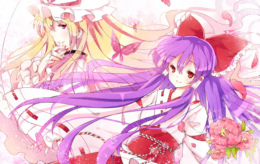 blonde_hair bow butterfly face flower hair_bow hair_tubes hakama hakurei_reimu hakurei_reimu_(pc-98) hat japanese_clothes long_hair make2961 mielang multiple_girls obi petals profile purple_eyes purple_hair red_eyes red_string skirt smile string touhou touhou_(pc-98) very_long_hair violet_eyes wide_sleeves yakumo_yukari