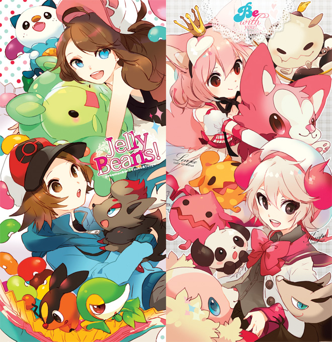 2boy2 2girls baseball_cap black_eyes blue_eyes brown_eyes brown_hair candy cat_ears character_request crown denim denim_shorts grey_hair hat jelly_bean multiple_boys multiple_girls oshawott pink_hair pokemon pokemon_(creature) pokemon_(game) pokemon_black_and_white pokemon_bw ponytail red_eyes reuniclus shorts snivy tepig touko_(pokemon) touya_(pokemon) vest welchino