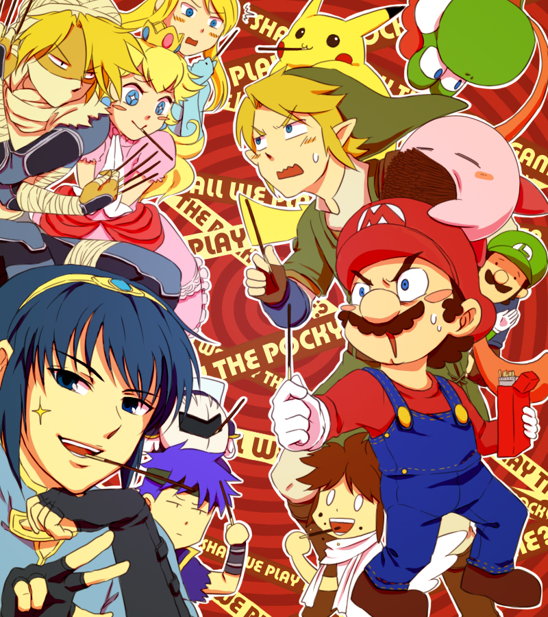 bandage blonde_hair blue_eyes blue_hair brown_hair crown facial_hair fire_emblem fire_emblem:_mystery_of_the_emblem fire_emblem:_souen_no_kiseki gloves hat ike kid_icarus kirby kirby_(series) link long_hair luigi mario marth mask meta_knight metroid mustache nintendo pikachu pit pit_(kid_icarus) pocky pointy_ears pokemon pokemon_(creature) princess_peach saiba_(henrietta) samus_aran sheik smile super_mario_bros. super_smash_bros. the_legend_of_zelda twilight_princess yoshi zero_suit