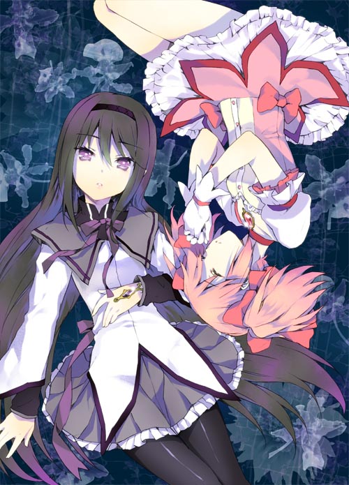 akemi_homura black_hair black_legwear closed_eyes cuteg eyes_closed frills gloves kaname_madoka long_hair mahou_shoujo_madoka_magica multiple_girls pantyhose pink_hair pleated_skirt purple_eyes rotational_symmetry ruffles school_uniform short_twintails skirt twintails violet_eyes white_gloves