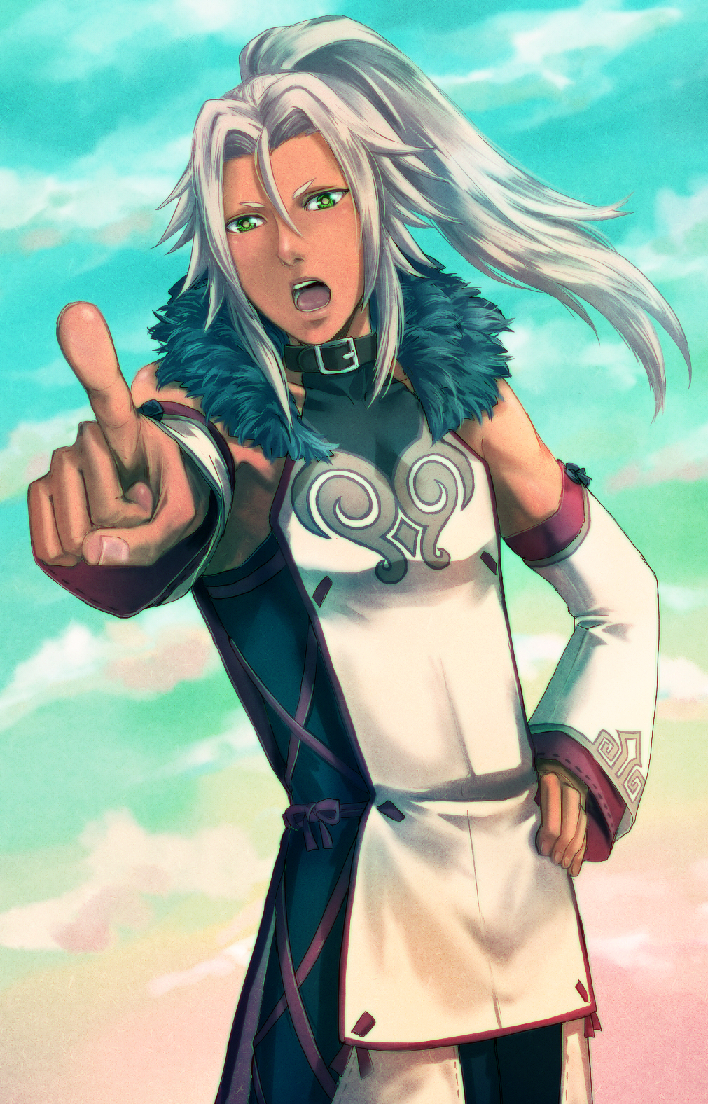 1boy :o bangs coat detached_sleeves foreshortening green_eyes hand_on_hip highres hips ibal jarako_(gaillardia) long_hair male open_mouth parted_bangs pointing ponytail sky solo tales_of_(series) tales_of_xillia white_hair