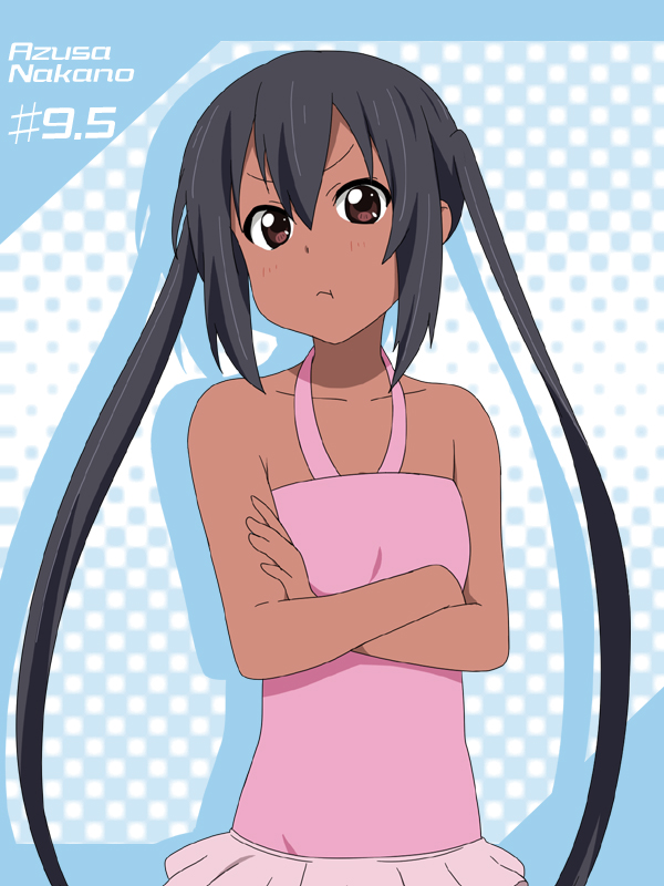 :t bare_shoulders black_hair can't_be_this_cute casual_one-piece_swimsuit character_name crossed_arms halterneck ikari_manatsu k-on! long_hair nakano_azusa one-piece_swimsuit ore_no_imouto_ga_konna_ni_kawaii_wake_ga_nai pout seiyuu_connection solo swimsuit taketatsu_ayana tan twintails