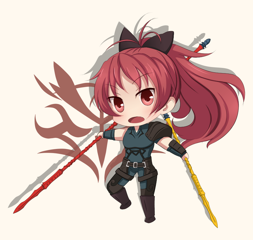 blacklolicon bow chibi command_spell cosplay creator_connection dual_wielding fang fate/stay_night fate/zero fate_(series) gae_buidhe gae_dearg hair_bow lancer_(fate/zero) lancer_(fate/zero)_(cosplay) long_hair mahou_shoujo_madoka_magica parody polearm ponytail red_eyes red_hair redhead sakura_kyouko sevendayswar solo spear urobuchi_gen weapon weapon_connection
