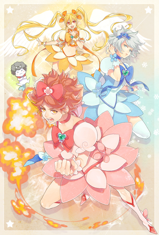 afro afuro_terumi angel_wings aphrodi blonde_hair blue_eyes bow chae_chan-soo cosplay crop_top crossdressing crossdressinging cure_blossom cure_blossom_(cosplay) cure_marine cure_marine_(cosplay) cure_moonlight cure_sunshine cure_sunshine_(cosplay) dress fire glasses grey_hair hair_bow hair_ribbon heartcatch_precure! heartcatch_pretty_cure! inazuma_eleven inazuma_eleven_(series) kinm long_hair magical_boy magical_girl male midriff multiple_boys nagumo_haruya navel open_mouth orange_eyes precure pretty_cure puffy_sleeves red_eyes red_hair redhead ribbon short_sleeves skirt snowflakes star suzuno_fuusuke trap twintails very_long_hair white_hair wings wrist_cuffs