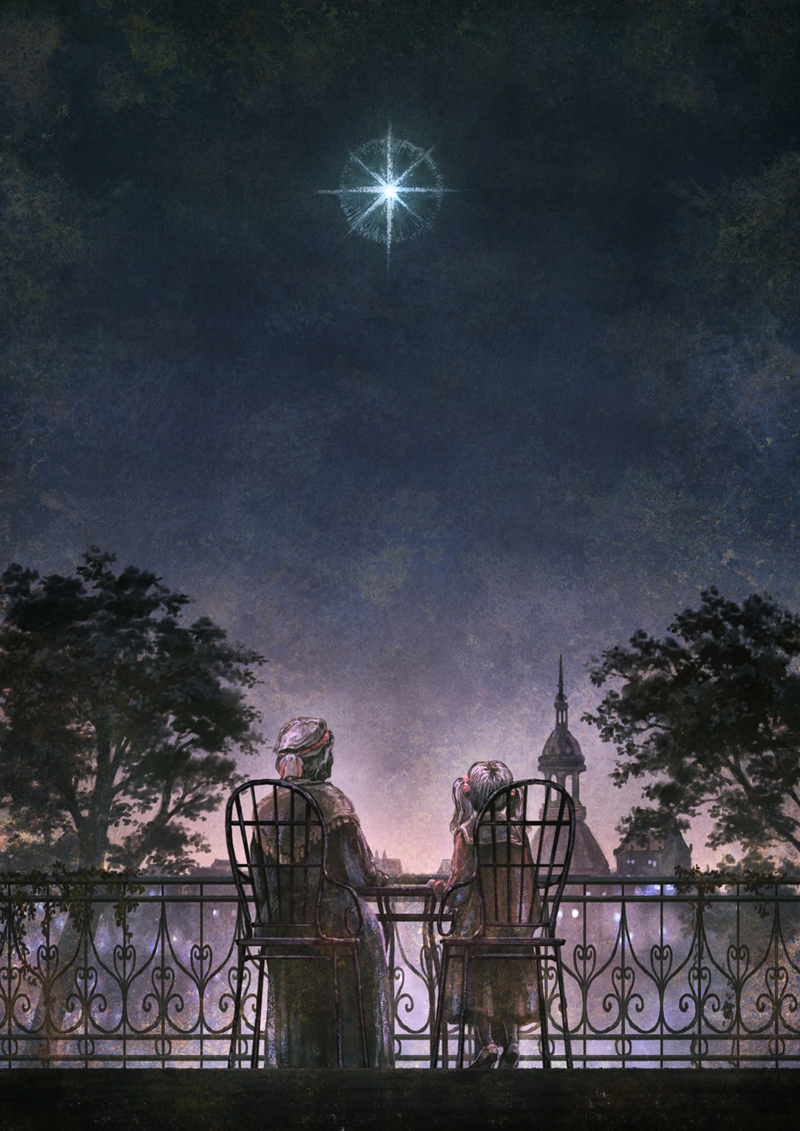 chair cityscape from_behind hair_bobbles hair_ornament original railing shirakaba_toshiharu star tree twintails vines