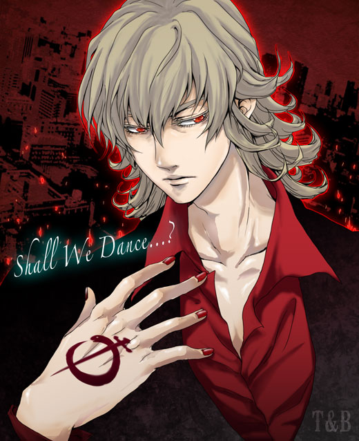 barnaby_brooks_jr blonde_hair dark_persona formal kkkrrrooo male nail_polish ouroboros ourobunny red_eyes solo suit tattoo tiger_&amp;_bunny