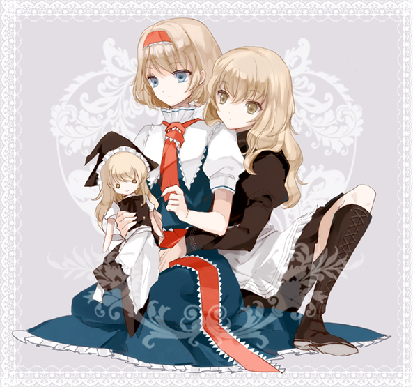 alice_margatroid apron bad_id blonde_hair blue_eyes boots capelet character_doll cierra_(ra-bit) doll dress hairband hat kirisame_marisa lace long_hair lowres multiple_girls no_hat no_headwear sash short_hair sitting skirt skirt_set thread touhou witch witch_hat yellow_eyes