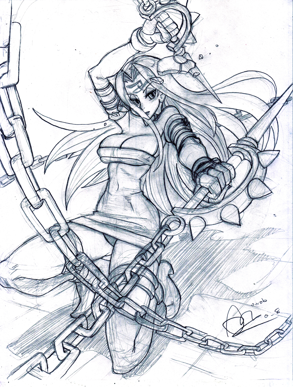 alex_ahad breasts chain chains cleavage dagger facial_mark fate/stay_night fate_(series) forehead_mark highres impossible_clothes impossible_clothing large_breasts long_hair monochrome panties pantyshot rider signature sketch thigh-highs thighhighs underwear weapon