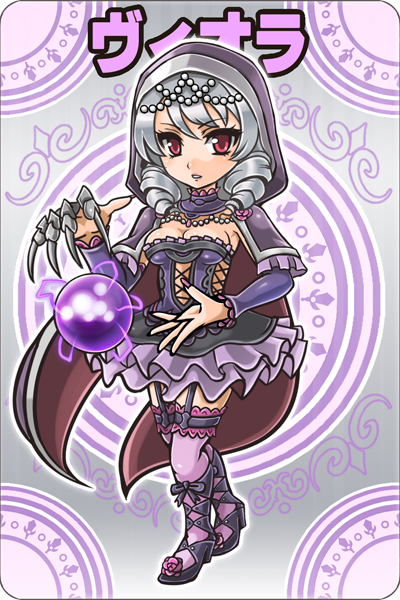 1041_(pixiv) black_legwear breasts bustier cape capelet chibi claw_(weapon) detached_sleeves detatched_sleeves drill_hair frilled_skirt garter_straps high_heels hood hoodie jewelry large_breasts long_hair nail_polish necklace orb pearl purple_eyes purple_legwear red_eyes shoes silver_hair skirt solo soul_calibur soul_calibur_v soulcalibur soulcalibur_v thigh-highs thighhighs viola_(soul_calibur) viola_(soulcalibur) violet_eyes