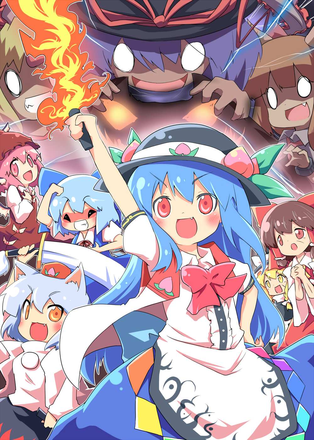 chibi cirno hakurei_reimu highres hinanawi_tenshi hoshiguma_yuugi ibuki_suika inubashiri_momiji kirisame_marisa multiple_girls mystia_lorelei nagae_iku touhou