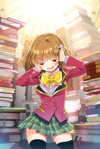 bangs blazer blunt_bangs book book_focus bow breasts brown_hair cherrypin closed_eyes dress_shirt hands_on_head lowres lucca open_mouth plaid plaid_skirt pleated_skirt school_uniform shirt short_hair skirt solo sword_girls tears thigh-highs thighhighs too_many_books zettai_ryouiki