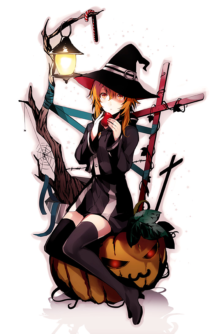 &gt;:3 :3 apple arisaka_ako black_legwear boots brown_eyes brown_hair candy_cane cross food fruit halloween hat jack-o'-lantern jack-o'-lantern lantern light original pumpkin shadow short_hair simple_background sitting sitting_on_object skirt solo spider spider_web thigh-highs thigh_boots thighhighs vines witch_hat