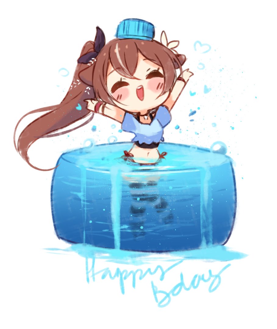 1girl :d ^_^ black_ribbon blue_headwear blue_shirt blush_stickers brown_hair chibi closed_eyes commentary crop_top english_commentary facing_viewer hair_ribbon happy_birthday hat heart hyanna-natsu long_hair mini_hat navel original outstretched_arms partially_submerged ribbon shirt short_sleeves side_ponytail smile solo striped striped_legwear teeth thigh-highs upper_teeth very_long_hair water white_background