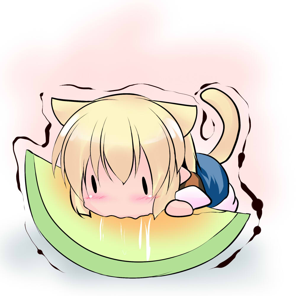 animal_ears blush cat_ears cat_tail chibi eating food fruit hoshizuki_(seigetsu) kemonomimi_mode melon minigirl mizuhashi_parsee puru-see saliva solo tail touhou trembling |_|