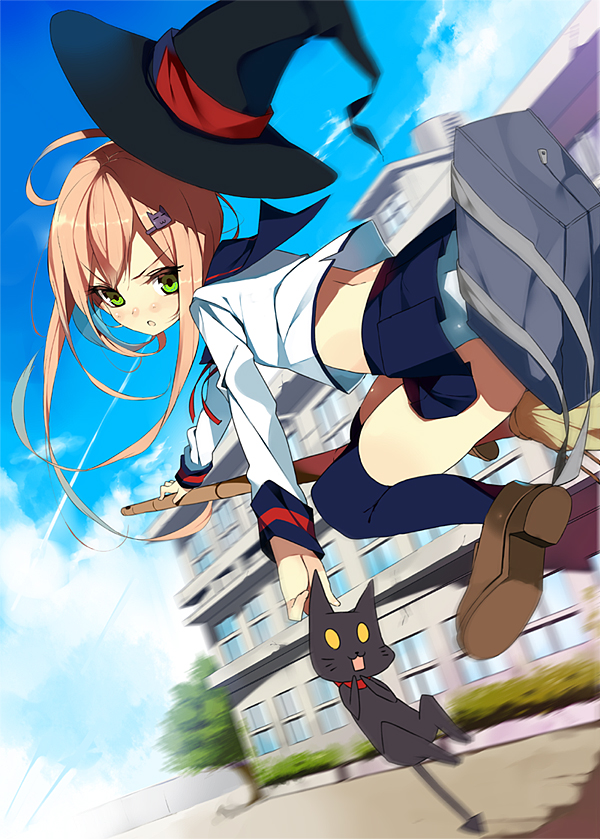 blush broom broom_riding cat dutch_angle green_eyes hat koba long_hair looking_back midriff motion_blur original panties payot pink_hair school_uniform skirt thigh-highs thighhighs underwear witch witch_hat