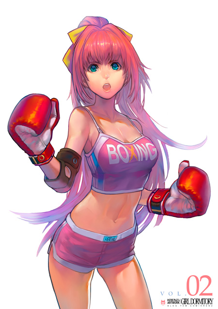 blue_eyes bow boxing_gloves boxing_shorts breasts crop_top face gradient_hair hair_bow krenz long_hair midriff multicolored_hair navel open_mouth original pink_eyes purple_hair shorts solo taut_shirt very_long_hair