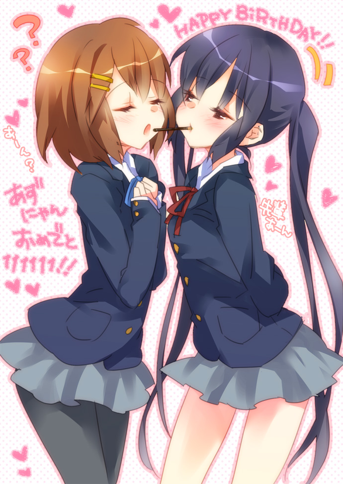 blush brown_eyes brown_hair closed_eyes ech eyes_closed hair_ornament hairpin hands_on_own_chest hands_to_chest heart hirasawa_yui incipient_kiss k-on! mouth_hold multiple_girls nakano_azusa open_mouth pantyhose pocky pocky_kiss purple_hair school_uniform shared_food shirt skirt translated translation_request twintails yuri