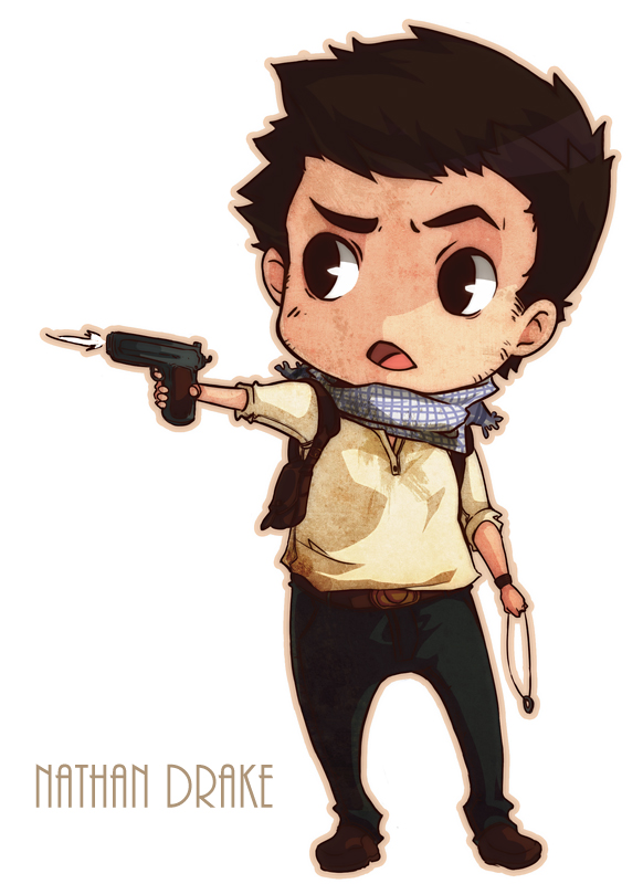 brown_hair chibi gun holster jewelry nathan_drake necklace scarf uncharted weapon xmenoux