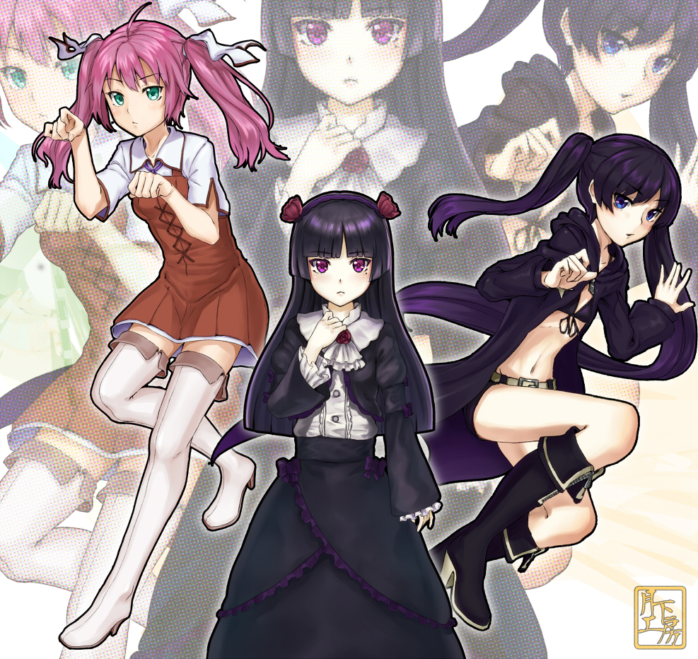 bikini_top black_hair black_rock_shooter black_rock_shooter_(character) boots crossover gokou_ruri gothic_lolita green_eyes hanazawa_kana jacket lolita_fashion long_hair mayo_chiki! midriff mole multiple_girls navel ore_no_imouto_ga_konna_ni_kawaii_wake_ga_nai paw_pose pink_hair purple_eyes purple_hair seiyuu_connection shinomoto_gekka thigh_boots thighhighs twintails uneven_twintails usami_masamune violet_eyes zettai_ryouiki zoom_layer