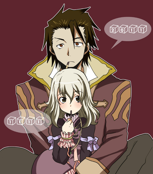 1girl 2011 alvin_(tales_of_xillia) bad_id blonde_hair bolero brown_eyes brown_hair coat cropped_jacket elise_lutas elise_lutus frills frown mouth_hold pants pocky short_hair sitting sitting_on_lap sitting_on_person tales_of_(series) tales_of_xillia tapp yellow_eyes