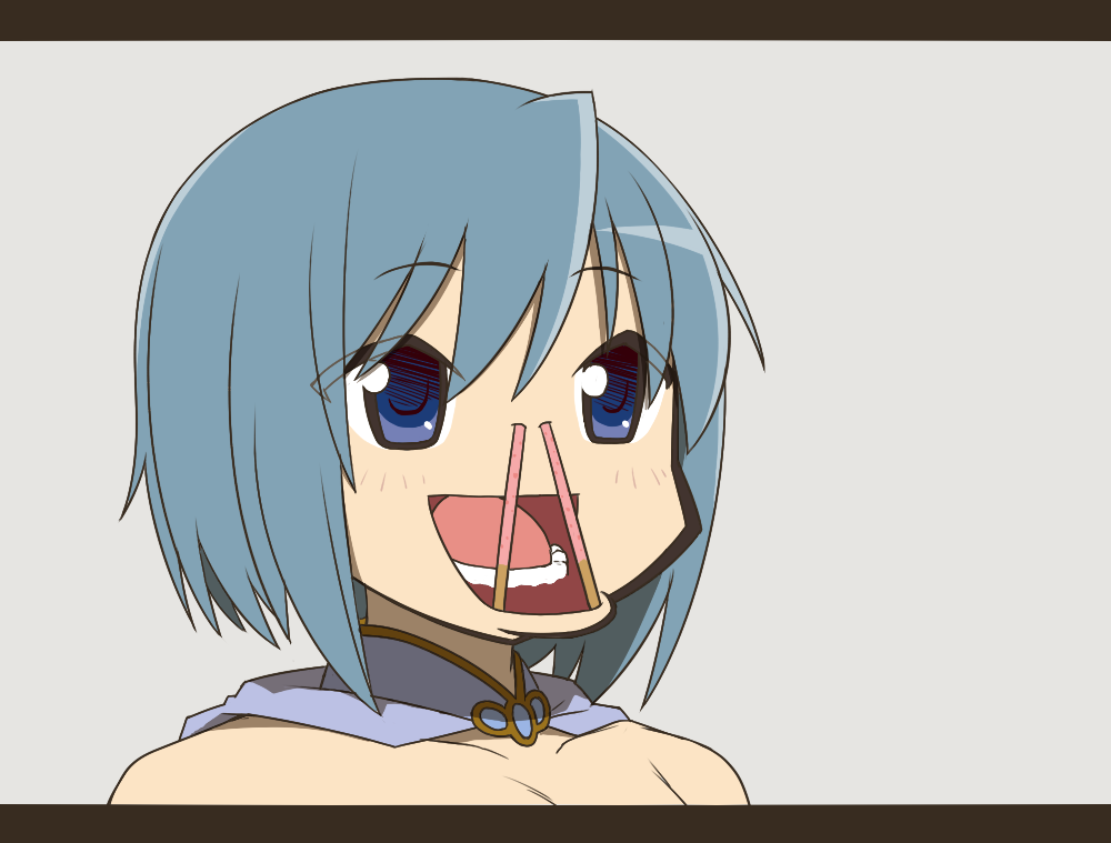 :d bare_shoulders blue_eyes blue_hair bust cape face grey_background letterboxed mahou_shoujo_madoka_magica miki_sayaka open_mouth parody pocky portrait short_hair smile solo ume_(noraneko) up_nose what