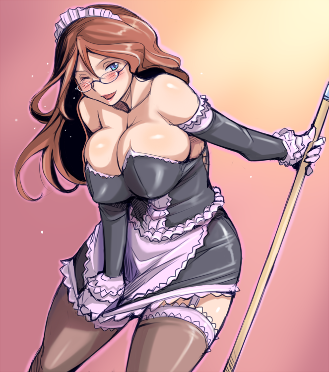 blue_eyes blush breasts broom brown_hair cleavage copyright_request covering covering_crotch elbow_gloves embarrassed frilled_legwear frilled_thighhighs garter_straps glasses gloves gradient gradient_background huge_breasts long_hair maid maid_headdress open_mouth rozenweapon skirt skirt_tug smile solo thighhighs wink