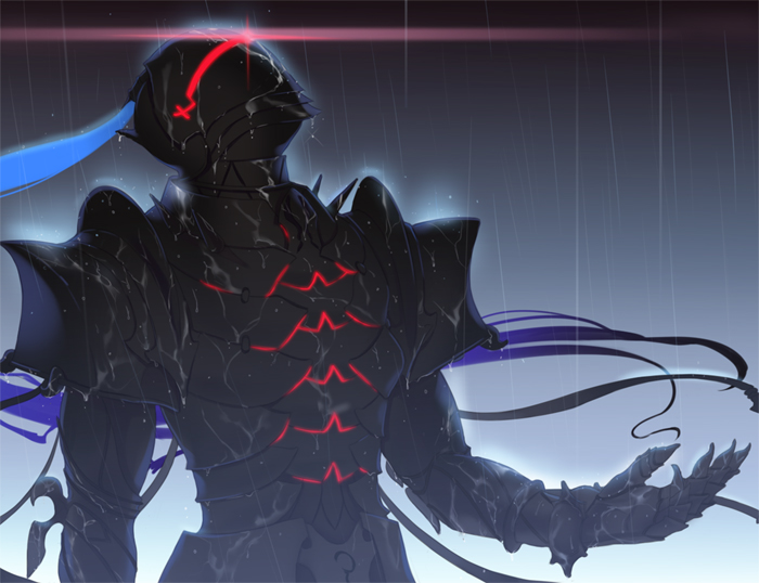 armor bad_id berserker_(fate/zero) enk fate/stay_night fate/zero fate_(series) full_armor glowing helmet male rain solo