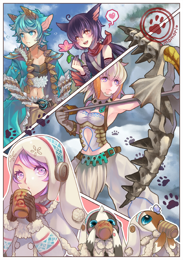 3girls animal_ears armor arrow bare_shoulders barioth_(armor) belt black_hair blue_eyes blue_hair bow_(weapon) breasts buckle capcom cup felyne flower headphones heart horns jinouga midriff momori monster_hunter monster_hunter_portable_3rd multiple_girls nargacuga naruga navel paw_print personification pink_eyes pink_hair red_eyes scarf short_hair snow spoken_heart sweatdrop urukususu_(armor) weapon white_hair