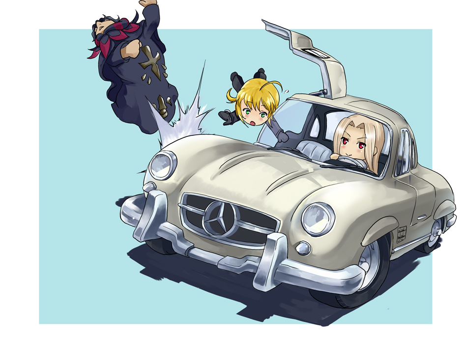 2girls :&gt; ahoge aona bad_id blonde_hair car caster_(fate/zero) chibi crash crsh fate/stay_night fate/zero fate_(series) formal irisviel_von_einzbern left-hand_drive long_hair mercedes_benz_300sl motor_vehicle multiple_girls pant_suit parody saber suit vehicle white_hair