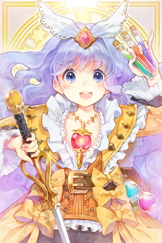 bangs belt blue_eyes blue_hair blush bow clarice clarice_altheim flat_chest frills gem hair_ornament lowres open_mouth potion pouch ribbon russel_(yumeriku) smile solo sword sword_girls test_tube weapon
