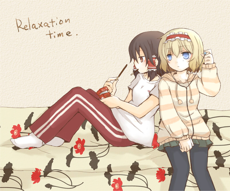 2girls alice_margatroid blonde_hair brown_hair contemporary earbuds earphones hakurei_reimu ico_(engawa_roman) multiple_girls pantyhose pocky skirt sweater t-shirt touhou track_pants