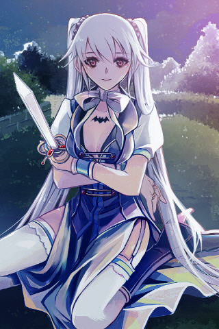 boots breasts garter_belt grass jewelry long_hair lowres markings red_eyes ribbon ring sitting smile solo sword sword_girls thigh-highs thighhighs twintails weapon white_hair