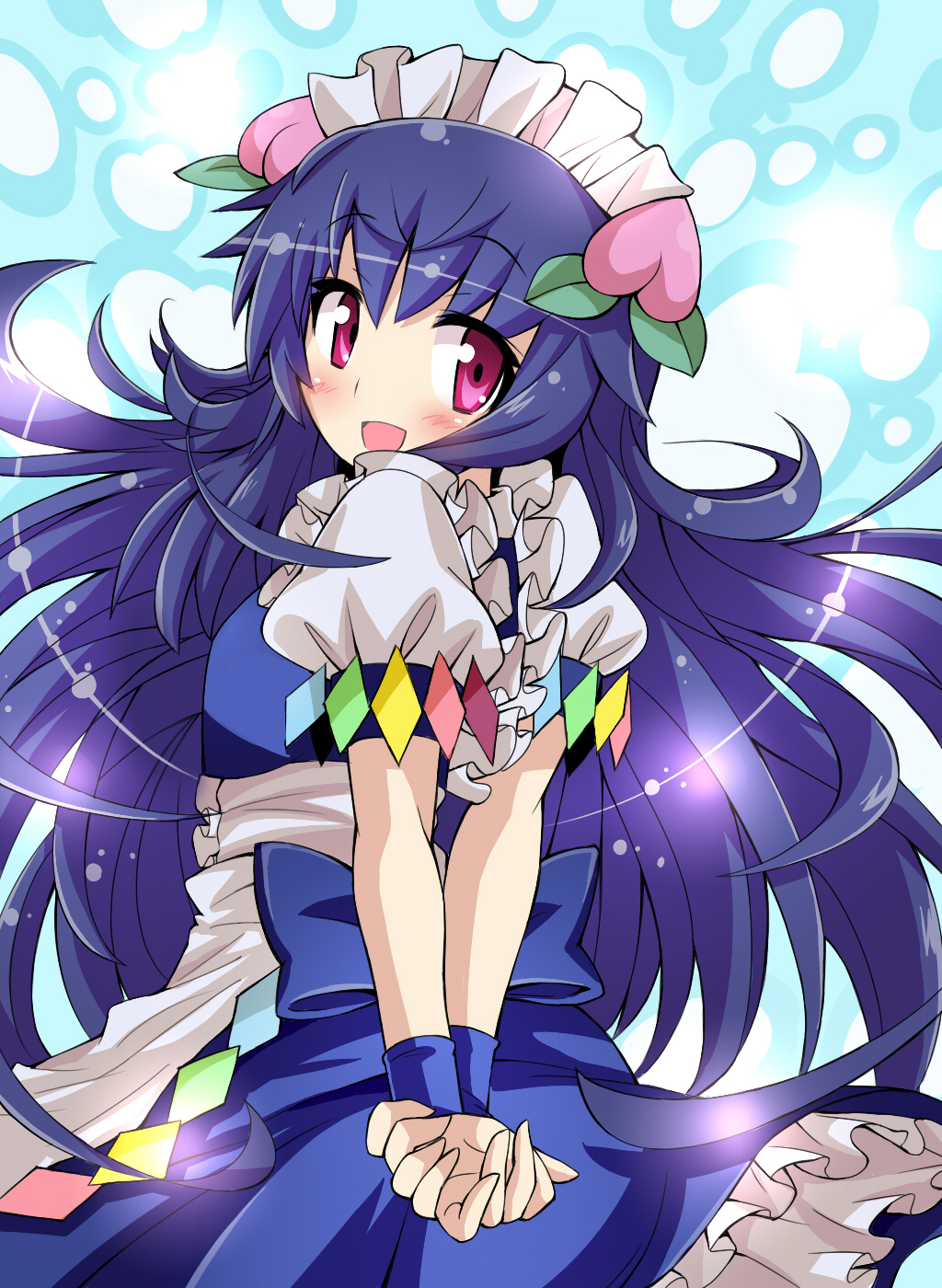 alternate_costume arms_behind_back blue_hair enmaided flat_chest food fruit gibuchoko highres hinanawi_tenshi long_hair looking_at_viewer looking_back maid maid_headdress open_mouth peach purple_eyes smile solo touhou very_long_hair violet_eyes