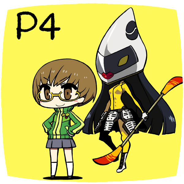 blush_stickers brown_eyes brown_hair chan_co chibi glasses hands_on_hips persona persona_4 satonaka_chie short_hair smile standing tomoe_(persona_4) track_jacket yellow-framed_glasses