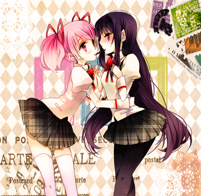akemi_homura black_hair blush english eye_contact hairband hand_holding holding_hands kaname_madoka looking_at_another mahou_shoujo_madoka_magica multiple_girls pantyhose patatata pink_eyes pink_hair pocky pocky_kiss postage_stamp school_uniform shared_food stamp thigh-highs thighhighs twintails yuri