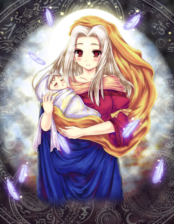 baby fate/stay_night fate/zero fate_(series) illyasviel_von_einzbern irisviel_von_einzbern multiple_girls red_eyes robe rock.fc white_hair young