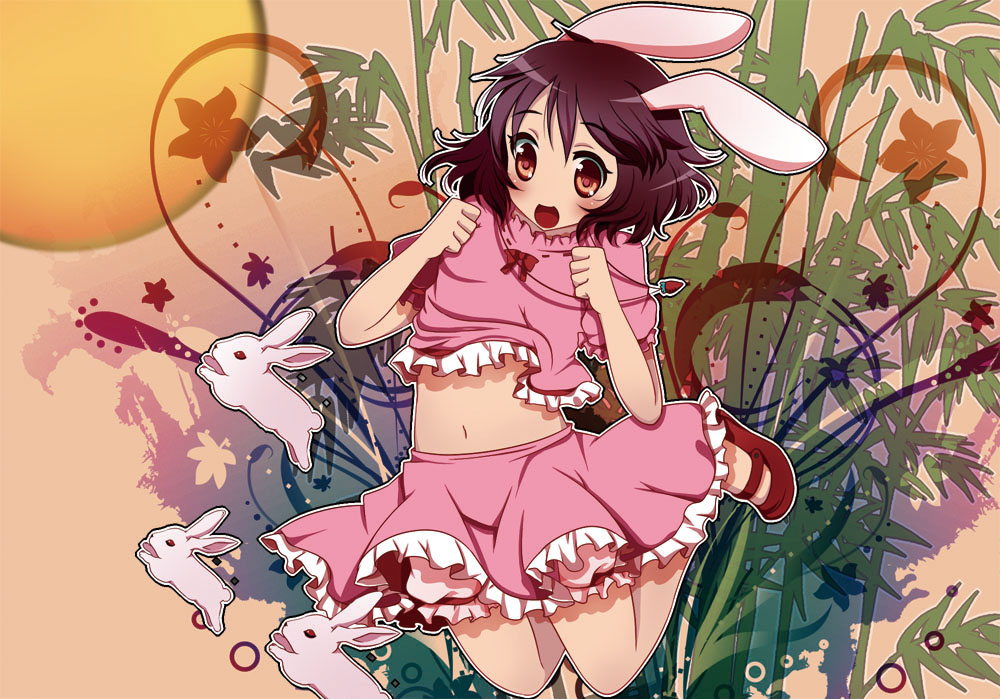 animal_ears bamboo bloomers blush_stickers brown_eyes brown_hair bunny bunny_ears frills inaba_tewi jewelry jumping midriff navel necklace no_socks open_mouth pendant rabbit skirt solo swami touhou