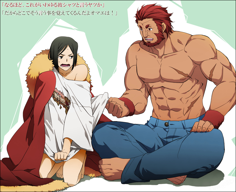 bangs beard black_hair bottomless cape cosplay costume_switch facial_hair fate/stay_night fate/zero fate_(series) green_eyes height_difference male multiple_boys parted_bangs red_eyes red_hair redhead rider_(fate/zero) scar shirtless short_hair size_difference t-shirt translation_request waver_velvet yun_(neo)