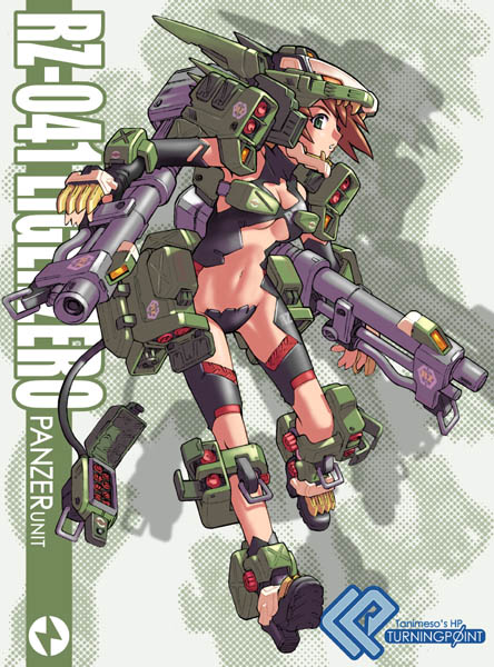 breasts brown_hair cannon claws cleavage green_eyes helmet high_heels liger_zero liger_zero_panzer maebari mecha_musume missile navel open_mouth shoes short_hair smile solo tanimeso zoids zoids_shinseiki/zero zoom_layer