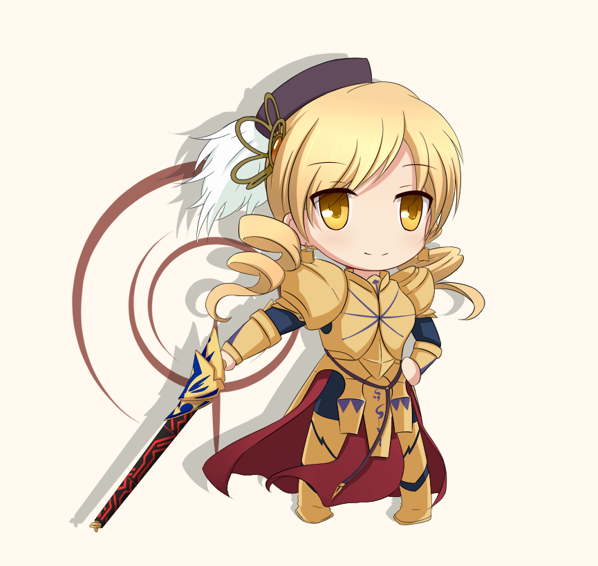 armor beret blonde_hair color_connection command_spell cosplay creator_connection drill_hair ea_(fate/stay_night) earrings fate/stay_night fate/zero fate_(series) gilgamesh gilgamesh_(cosplay) hair_ornament hat jewelry magical_girl mahou_shoujo_madoka_magica parody sevendayswar solo sword tomoe_mami urobuchi_gen weapon white_background yellow_eyes