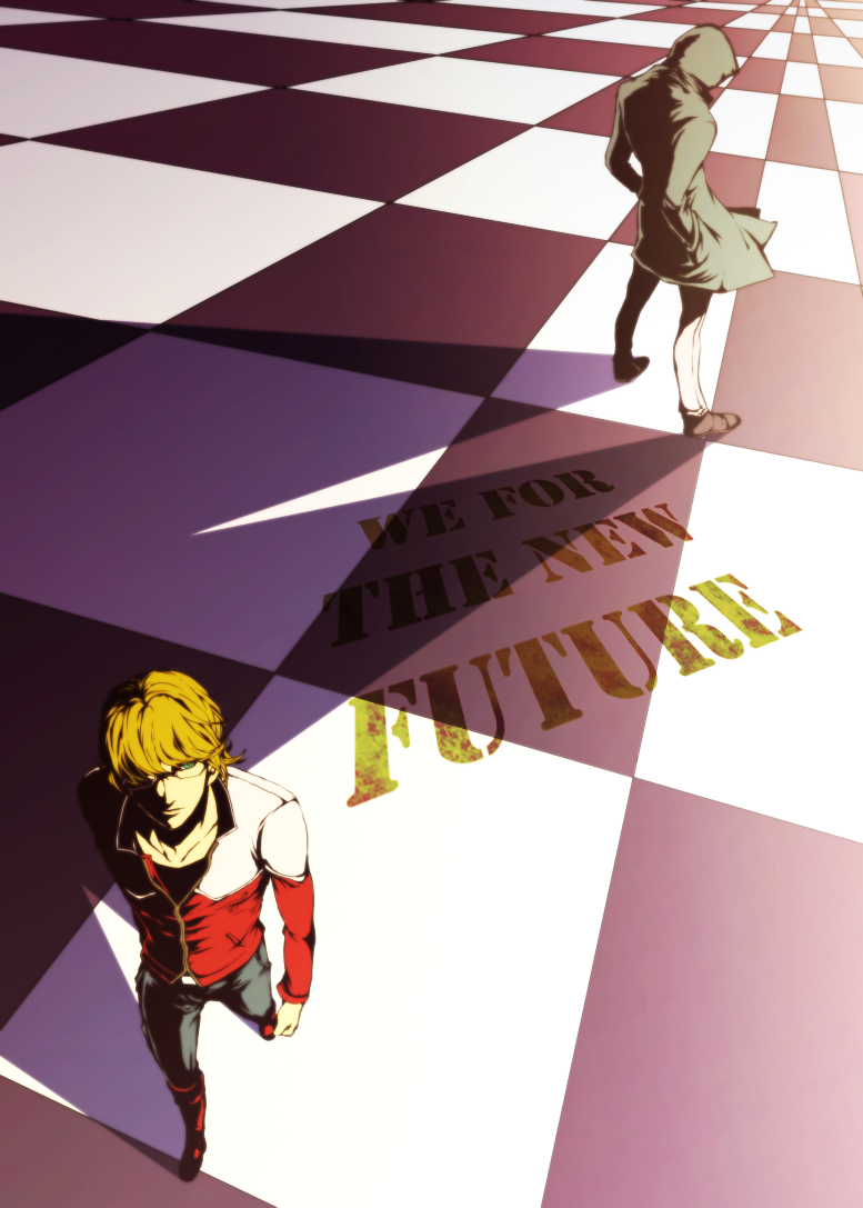 bad_id barnaby_brooks_jr blonde_hair blue_eyes boots checkered checkered_floor coat from_behind glasses green_eyes high_contrast jacket male oui_lion red_jacket tiger_&amp;_bunny