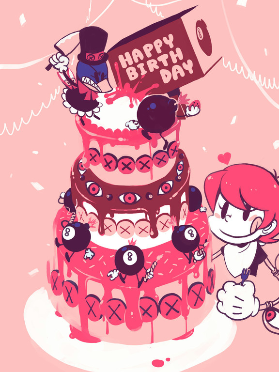 :p :q avery_(skullgirls) bird birthday blush_stickers bomb cake casual confetti eyes fighting food fork george_the_bomb gloves hammer happy_birthday heart mechanical_arms monochrome no_hat no_headwear pale_skin peacock_(skullgirls) pink pink_background red_hair simple_background skullgirls smile spot_color t-shirt tongue yojio_(2188)